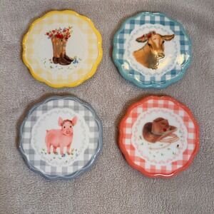 The Pioneer Woman Gingham Farmhouse Cow Pig Boot Hat Stoneware Coaster Set